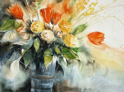''Rosen & Tulpen'' Aquarell 2008, 42 x 56 cm