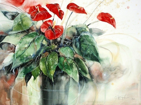 ''Flamingoblüten'' Aquarell 2008, 42 x 56 cm