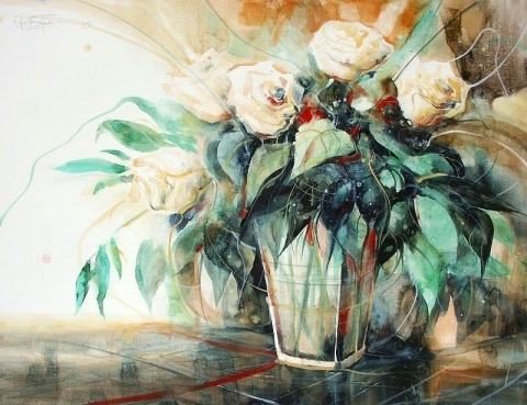 ''Weisse Rosen'' Aquarell 2008, 50 x 65 cm